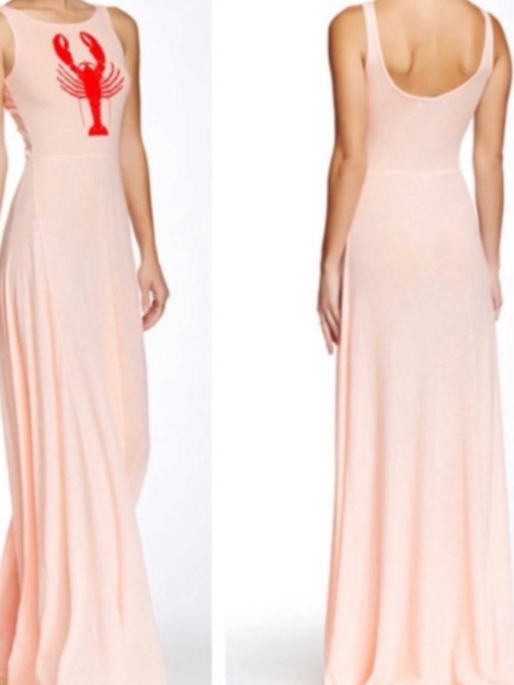 WILDFOX Sleeveless Blush Pink Maxi Dress with Red Lobster Motif
